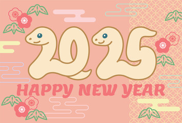 松竹梅の模様と白蛇の年賀状