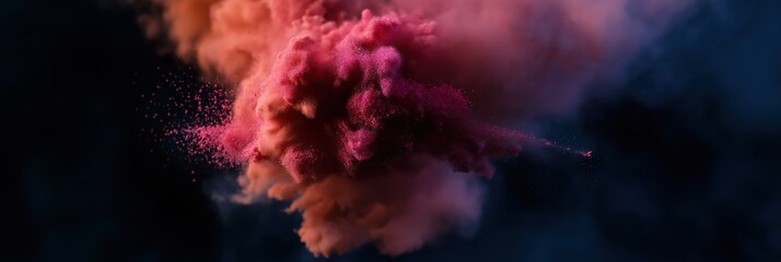 This image captures a dynamic burst of pink and orange powder against a dark background, showcasing the beauty of color and movement in a creative and vivid manner.