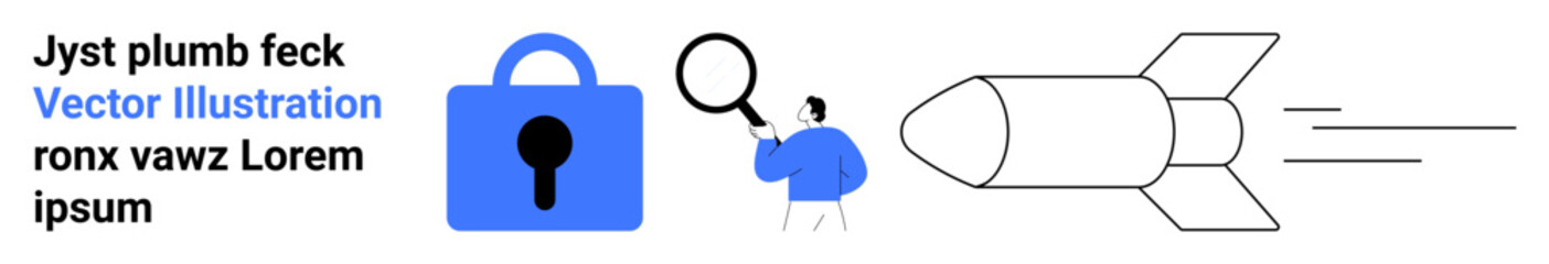 Blue padlock symbolizing security, person examining with magnifying glass, outline of fast-moving rocket. Ideal for cybersecurity, data analysis, research, innovation, technology advancements, online