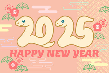 松竹梅の模様と白蛇の年賀状