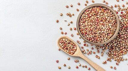 Close-up of sorghum grains in a wooden bowl and spoon on a white background