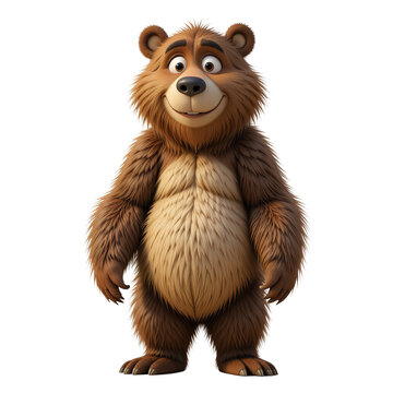 This image shows a 3D rendered model of a friendly brown bear cartoon character, standing and smiling ,isolated on transparent background.