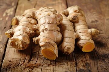 Fresh turmeric roots on a dark wooden background. Top view.
