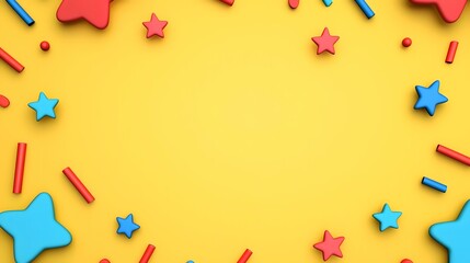 Festive Red Blue Stars Yellow Background 3D Render Design Template