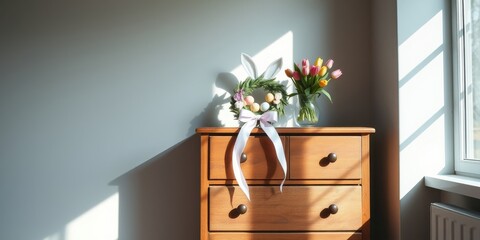 A wooden dresser with two drawers, adorned with a spring wreath with bunny ears and a vase of tulips, bathed in sunlight.
