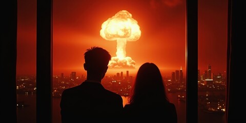 Couple staring at a massive nuclear explosion over the city at night, symbolizing apocalypse, destruction, global war, and the collapse of civilization in a dystopian world