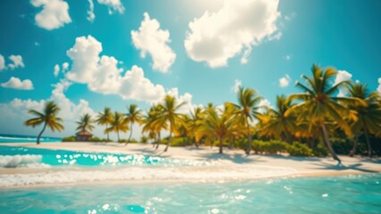 A soft focus view of a tropical beach with palm trees, white sand, and clear turquoise water.