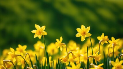 Obraz premium A vibrant field of yellow daffodils basking in the warm sunlight, their petals unfurling in a symphony of springtime joy.