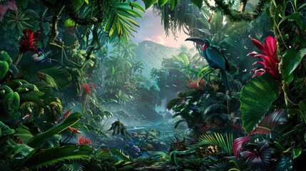 a fantastical jungle of vibrant colors and exotic creatures, white space in the center of the page for text, lush and dynamic hues against a tropical backdrop