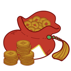 money bag with stack of coins and full of gold coin