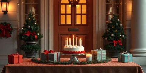 Obraz premium A festive table set up in front of the front door with a cake candles and gift boxes, presents, birthday