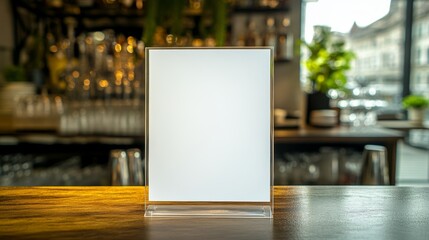 Mock up Label the blank menu frame in Bar restaurant Stand for booklets with white sheets paper acrylic tent card on wooden table cafeteria blurred background can inserting the text of the customer