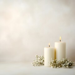 Two burning candles with white flowers on a textured background, ideal for sympathy cards or peaceful ambiance
