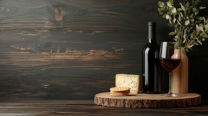 Minimalist flat lay of artisanal cheeses wine bottles and crackers on a rustic wooden table