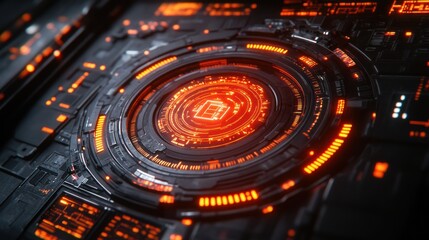 Glowing circular interface on sci-fi panel.