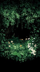 Enchanting Secret Garden  Lush Greenery  White Flowers  Dark Background