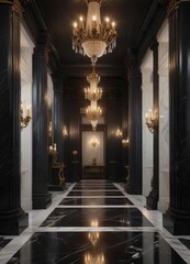 A grand hallway adorned with majestic black onyx columns and marble accents, lit by an elegant chandelier and ornate sconces, chandelier, column, black