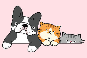 Vector Illustration of Cartoon French Bulldog and Cat Friends on Isolated Background. Hand Drawn Vector Illustration.