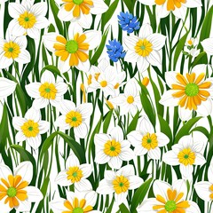 Seamless spring floral patterns with flowers set. Abstract flowers on white background print ornament design. Flowers, leaves decorative retro wallpaper background flat illustration collection