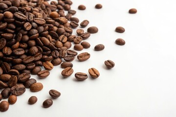 Naklejka premium A heap of coffee beans on a clean and minimalist white background with scattered edges, coffee beans, clean, heap, pile