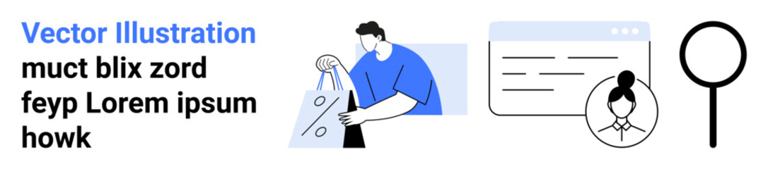 Person holding shopping bags, web browser window, user profile icon, magnifying glass suggesting search functionality. Ideal for e-commerce, user experience, digital identity, profile management