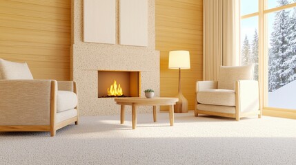 Cozy modern living room with fireplace and snow view through large windows in a warm wooden interior