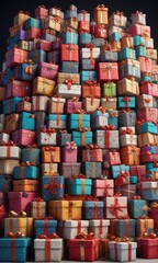 A large collection of gifts and gift boxes stacked on top of each other, decorative boxes, wrapped treasures