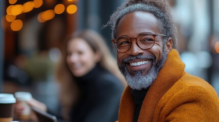 Fototapeta premium Smiling man enjoying coffee outdoors on a cozy autumn day
