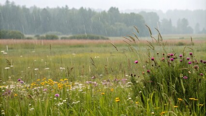 *Gentle rain falling on a wet meadow with tall grass and colorful wildflowers, flower details, water droplets, leaf glisten, rainy day, verdant field