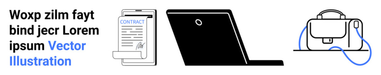 Binder clip holding a document, laptop, and briefcase. Ideal for business, office setup, productivity, remote work themes, educational content, technology websites, and startup environments. Landing