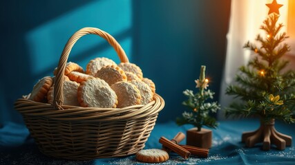 Obraz premium A wicker basket filled with powdered sugar cookies, nestled in a cozy winter scene with a small Christmas tree and cinnamon sticks on a blue tablecloth.