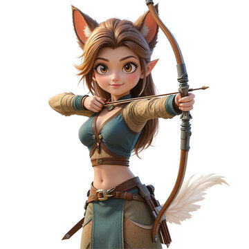 A digital rendering of a cute fantasy archer girl with fox ears, aiming her bow and arrow ,isolated on transparent background.