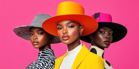 Vibrant fashion photoshoot with models in bold hats and patterns for style editorials