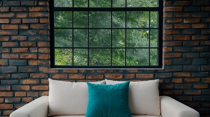 Cozy brick interior with couch and large window overlooking lush greenery