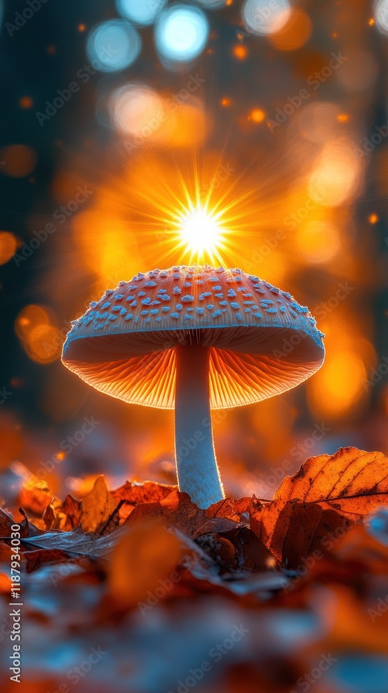 Sticker Glowing mushroom on forest floor with bokeh background at sunset.