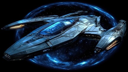 Futuristic spaceship traversing a wormhole in deep space.