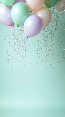 Pastel balloons, confetti falling, mint backdrop, celebration, party decor