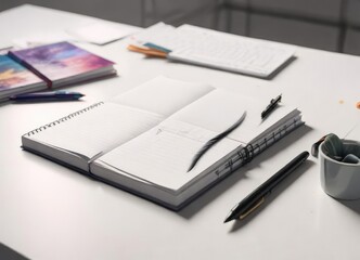 A blank journal lying open on a modern white desk with a pen and paper scattered around it , imagination, inspiration