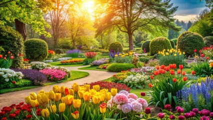 A blooming garden in spring with vibrant flowers and lush greenery, plants, nature