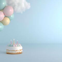 Pastel birthday cake with candles and balloons floating against a light blue background, perfect for celebrations or invitations
