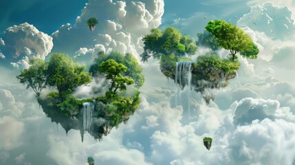 a fantastical kingdom in the clouds, white space in the center of the page for text, vibrant floating islands adorned with lush greenery and cascading waterfalls