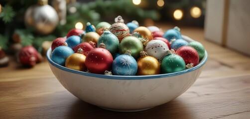A bowl filled with handmade ceramic Christmas ornaments, , ceramic