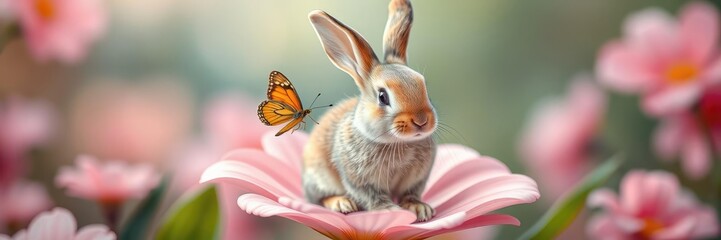 Fototapeta premium A cute bunny sitting on a flower petal with a butterfly perched on its nose and wings spread wide, gentle, cute bunny, playful