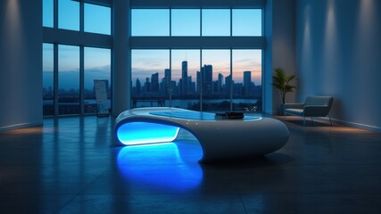 Modern office interior with a futuristic white coffee table lit with blue LED lights, showcasing a city skyline view through large windows at dusk.