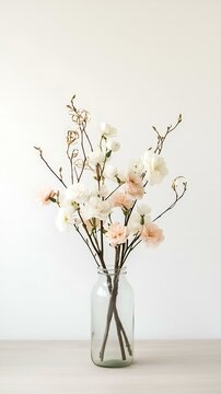 Fototapeta Pastel flowers in glass vase, minimalist white background, spring bouquet, home decor