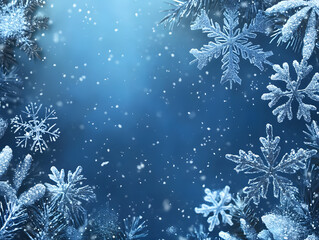 abstract winter-themed blue background with shimmering snow and beautifully patterned snowflakes