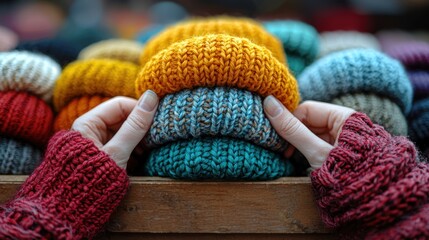 Hands arranging colorful knitted hats in a display.