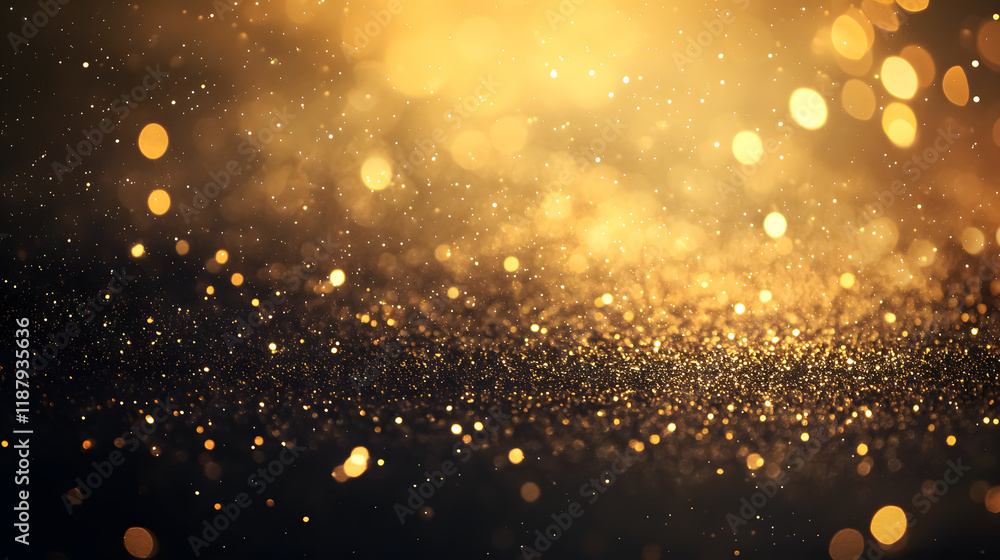 Poster glittering lights creating a grunge background with gold sparkle and defocused abstract twinkling li