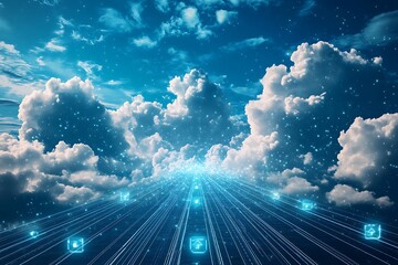 A digital landscape with data highways connecting various cloud platforms, symbolizing rapid data transfer and processing