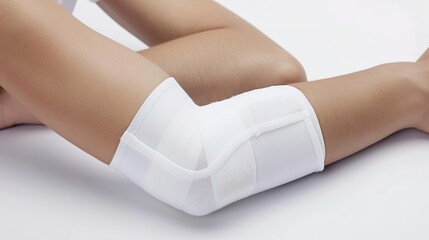 Close-up of a bandaged elbow with a medical brace on a clean white surface, symbolizing recovery, care, and medical treatment. Injury healing concept.